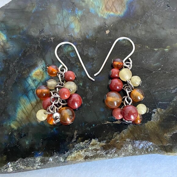 Sterling Silver 925 Beaded Red Jasper Multi-stone Dangle Drop Earrings - Picture 12 of 16